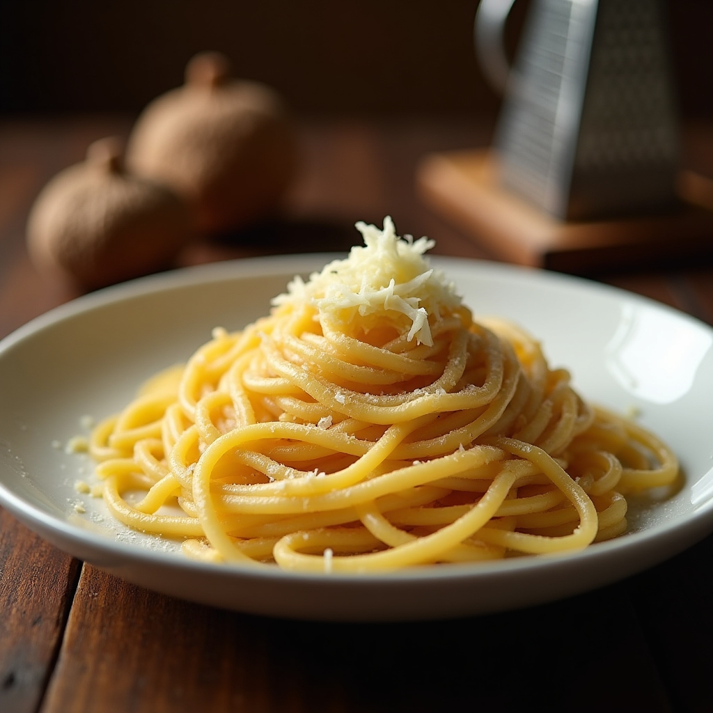 Tajarin al tartufo piemontesi su piatto in terracotta con tartufo bianco grattato