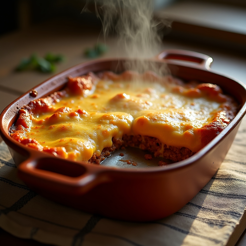 Lasagne al forno bolognesi appena sfornate con ragù e besciamella dorata in teglia di terracotta