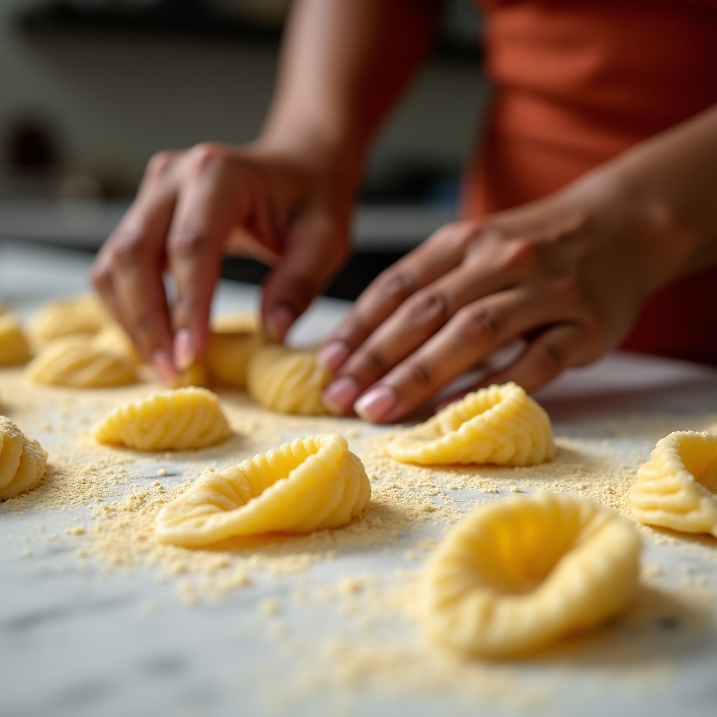 Mani femminili che formano orecchiette pugliesi su un piano di marmo bianco con farina semola