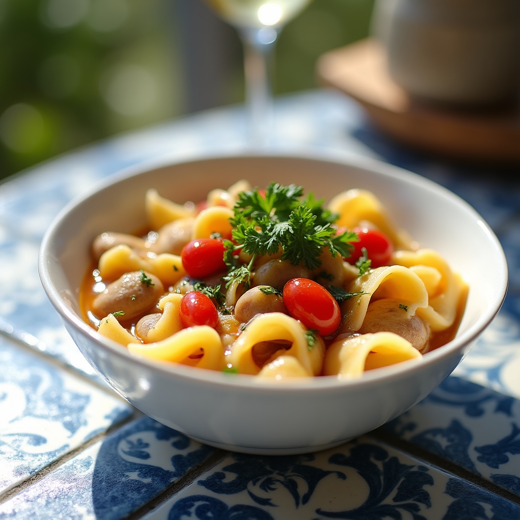 Scialatielli freschi campani in un piatto di ceramica bianca con frutti di mare e pomodorini ciliegino