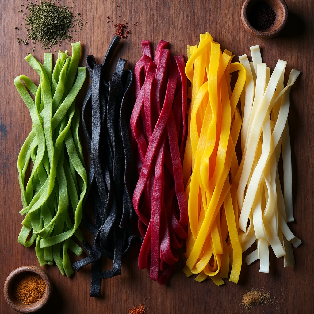 Pasta fresca colorata con spinaci, barbabietola e curcuma disposta su piano di legno scuro