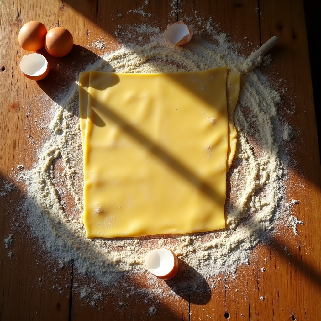 Pasta fresca artigianale su un piano di lavoro in legno con farina e uova fresche