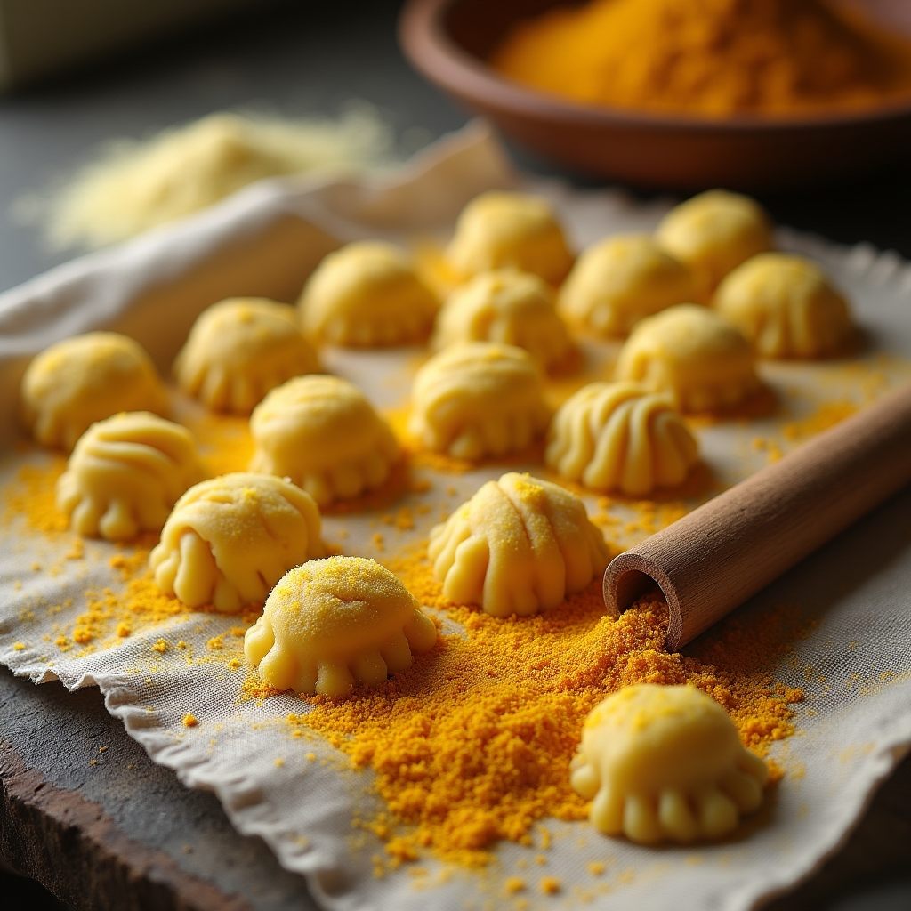 Malloreddus sardi freschi su canovaccio di lino grezzo con ingredienti tradizionali sardi sullo sfondo