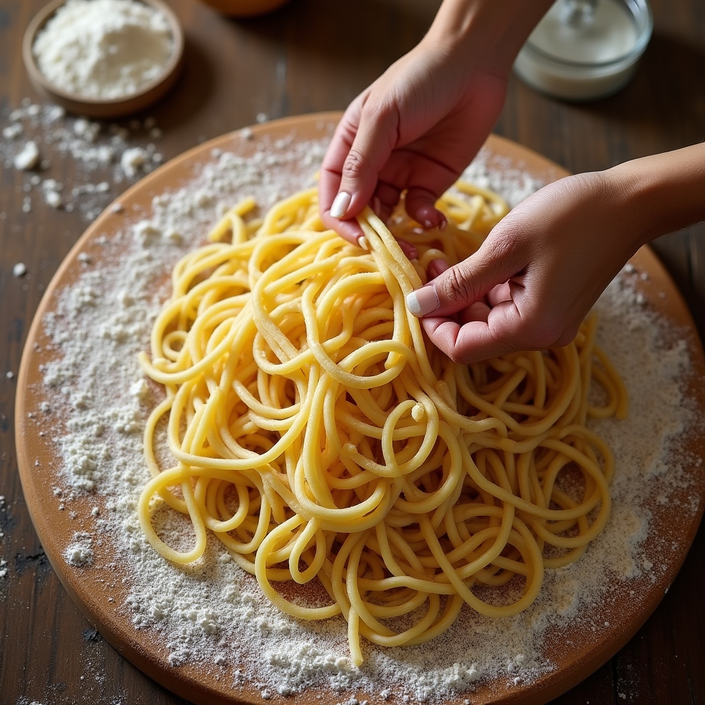 Pici toscani freschi arrotolati a mano su piano di legno con farina di grano duro sparsa intorno