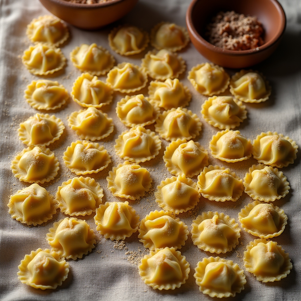 Tortellini freschi disposti su un canovaccio di lino, con ripieno di carne e parmigiano visibile